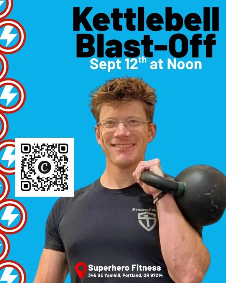 Poster advertising a kettlebell blast-off event on September 12th at noon at Superhero Fitness in Portland, Oregon, featuring a smiling man holding a kettlebell, with a blue background and icons along the side.