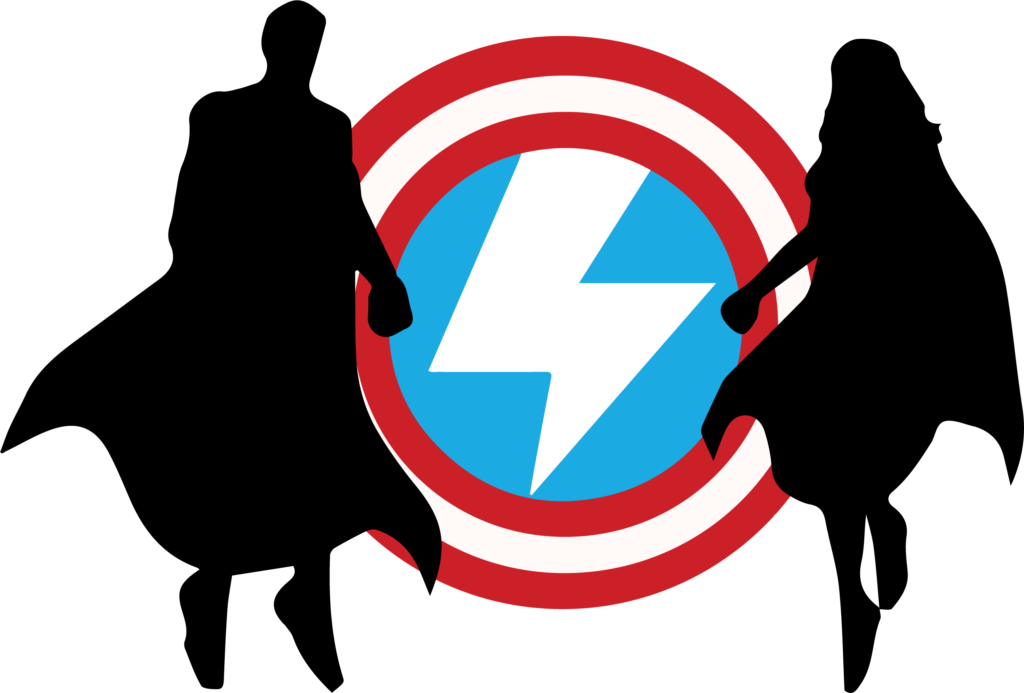 A person in a black outfit holding a logo with a lightning bolt in a blue circle, surrounded by concentric red and white circles, on a black background.