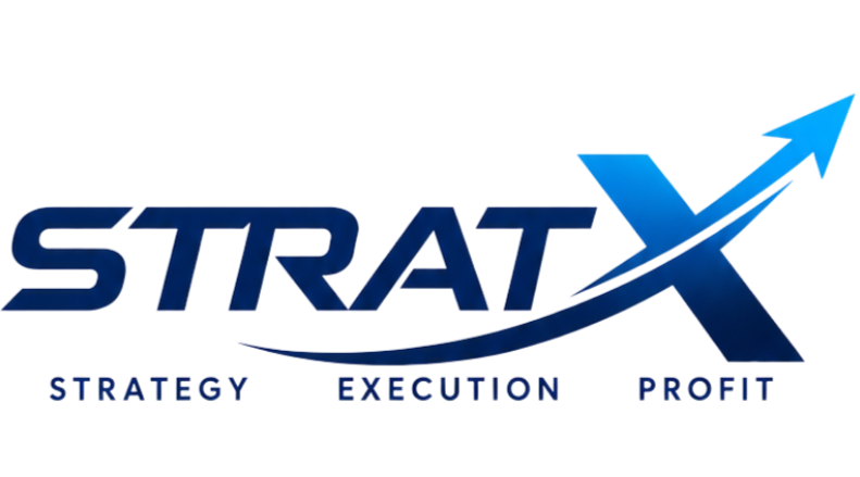 Logo with the word 'STRAX' and the tagline 'Strategy, Execution, Profit' beneath, featuring a blue arrow curving upward.
