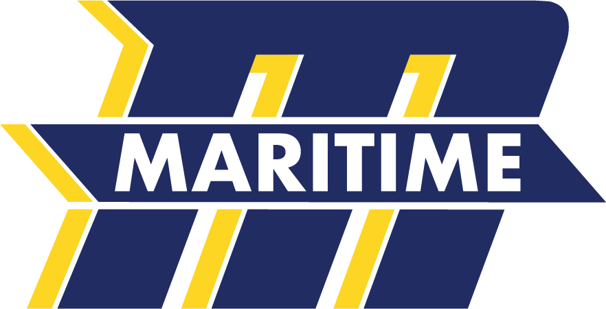 Maritime logo with navy blue and yellow colors, featuring bold text 'MARITIME' and stylized lines.