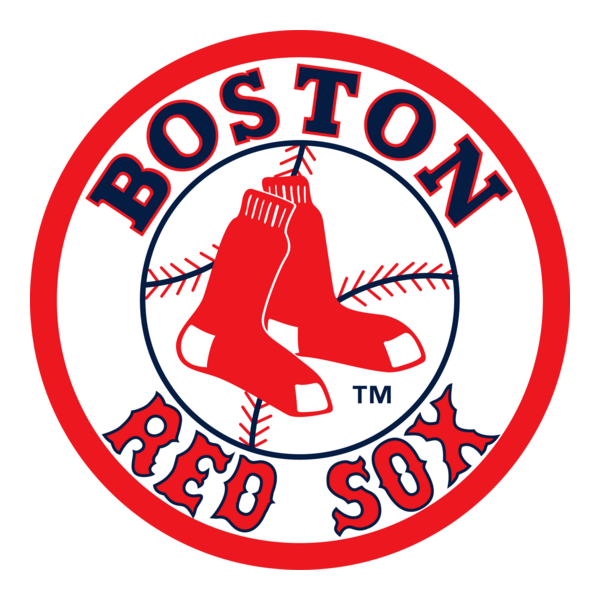 Boston Red Sox logo featuring a red circle with the name "Boston Red Sox", and an image of two red socks hanging against a white background with a baseball stitching pattern.