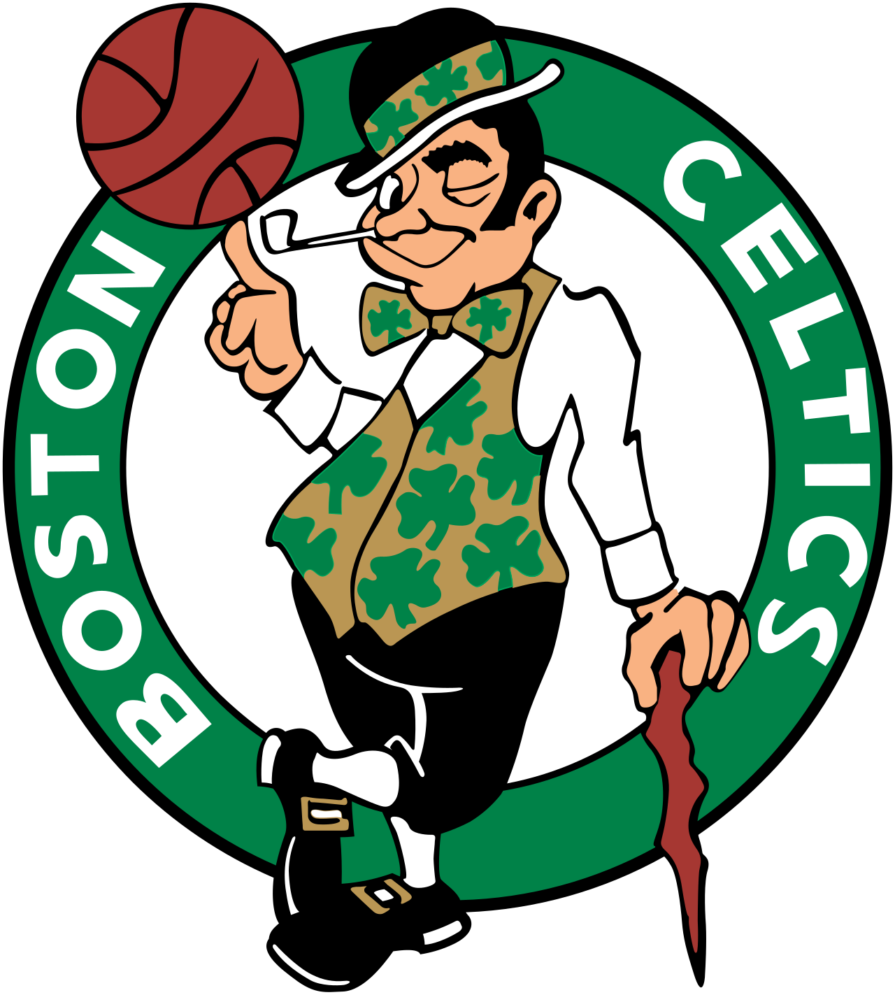 A cartoon leprechaun with a shamrock-patterned vest and hat, holding a cane, standing inside a green circle with the words "Boston Celtic" around it.