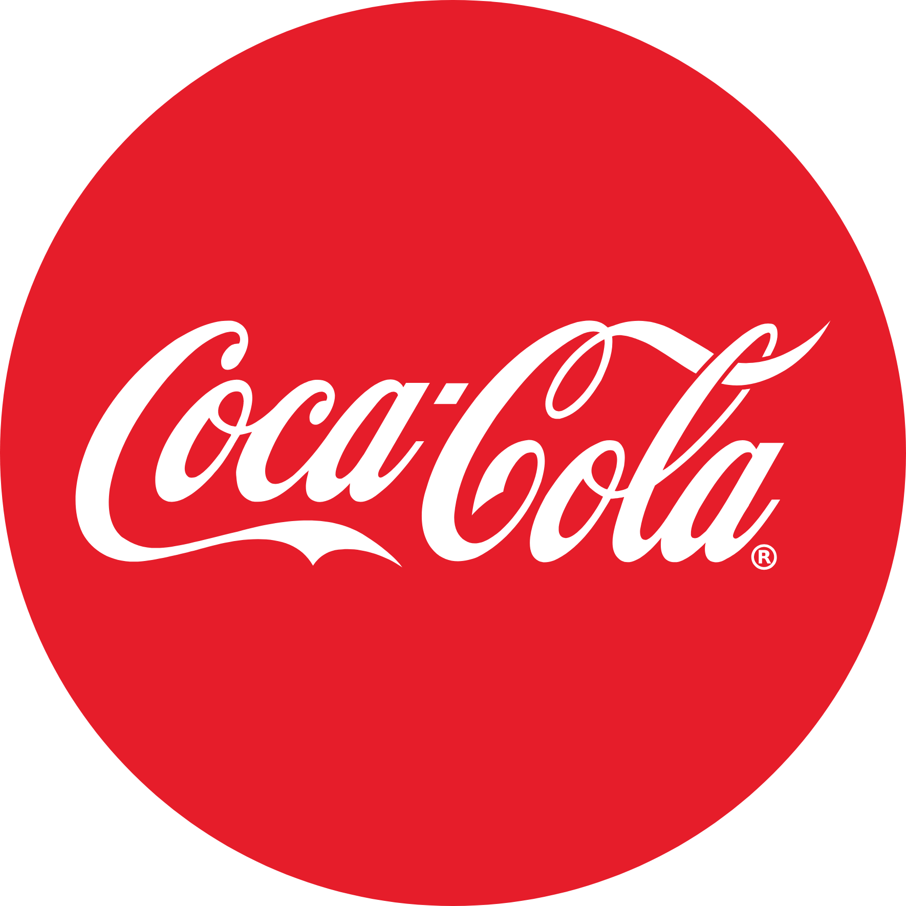 Red circle with the white script logo of Coca-Cola in the center.
