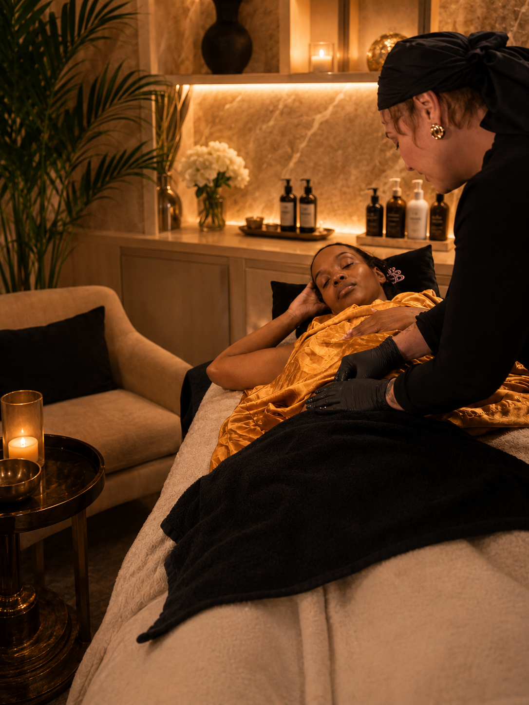 A woman is lying on a massage bed with her eyes closed while a spa therapist provides a massage. The room is warmly lit with candles, plants, and decorative items in the background.