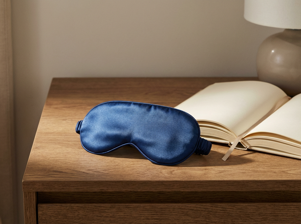 Blue satin sleep mask resting on a wooden nightstand next to an open book and a bedside lamp.