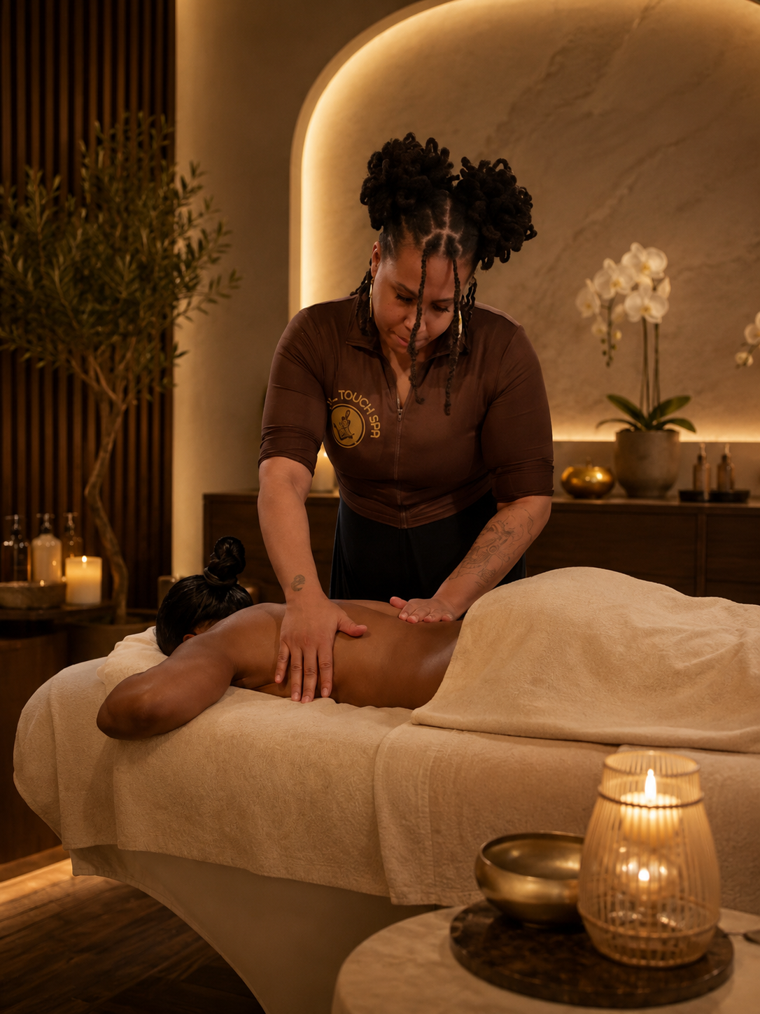 A massage therapist giving a back massage to a client in a spa room with warm lighting, plants, and candles.