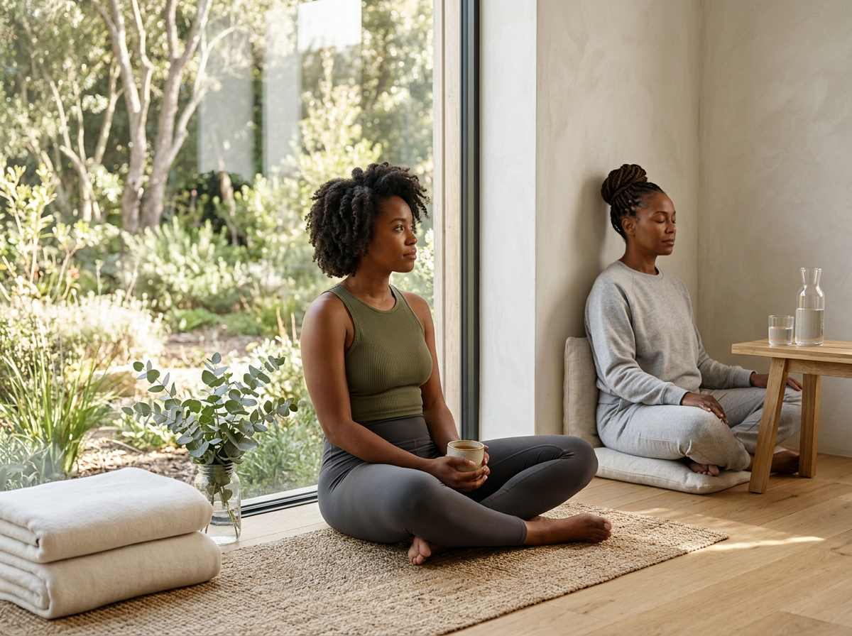 Two women practice meditation indoors, sitting cross-legged on a rug with eyes closed. One woman wears a gray sweatshirt and sits by a small wooden table, while the other wears a green tank top and holds a cup. Large window with greenery outside in the background.