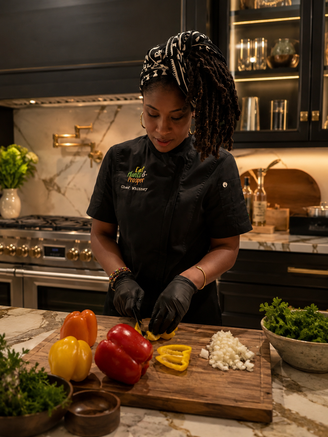A woman chopping yellow bell peppers on a wooden cutting board in a modern kitchen with black cabinets and a marble backsplash.