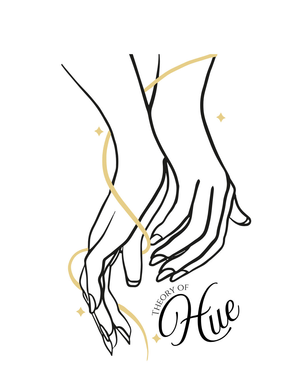Line art drawing of two hands intertwined, with gold accents and sparkles, and the text 'Theory of Hue' in elegant cursive.