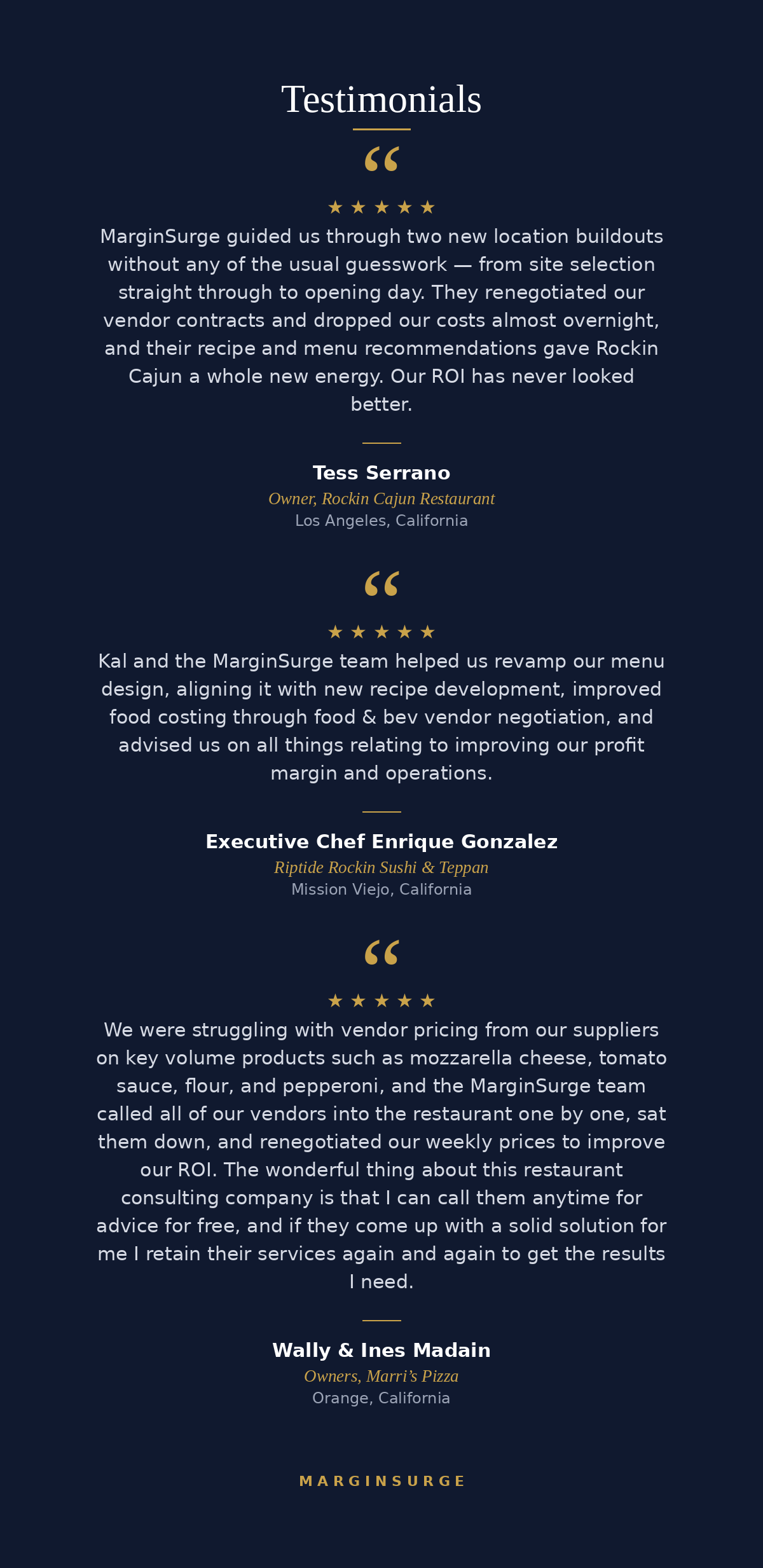 Five-star testimonials from restaurant owners Tess Serrano of Rockin Cajun, Enrique Gonzalez of Riptide Rockin Sushi & Teppan, and Wally and Ines Madain of Marri's Pizza.