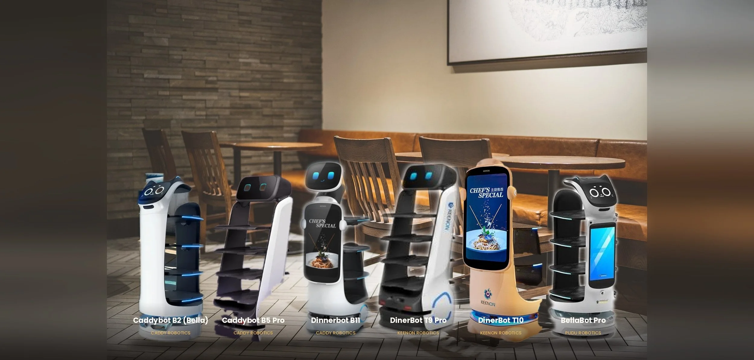 Six restaurant service robots lined up in a dining room: Caddybot B2 (Bella), Caddybot B5 Pro and Dinnerbot B11 from Caddy Robotics, DinerBot T9 Pro and DinerBot T10 from Keenon Robotics, and BellaBot Pro from Pudu Robotics.