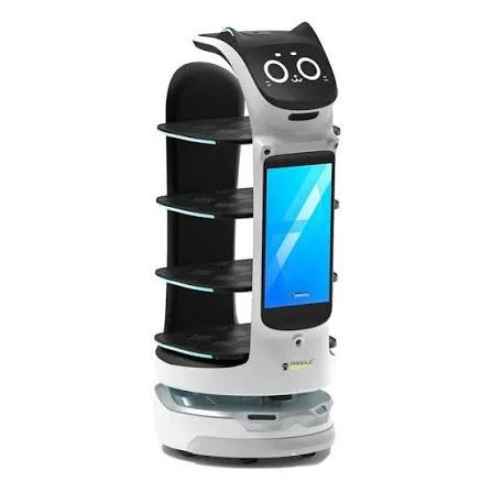 Pudu BellaBot Pro cat-faced service robot with multiple serving trays and a blue guest display.