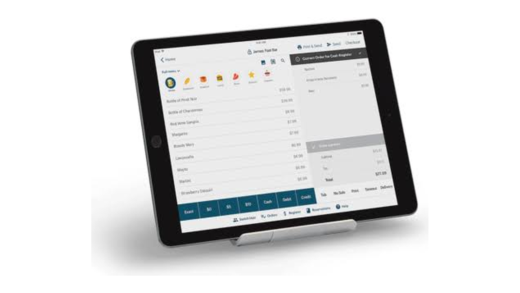 TouchBistro running on an iPad in a stand, showing an open table check and payment options.