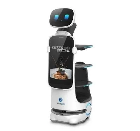 Keenon DinerBot T10 service robot, MarginSurge's recommended pick, with a large screen showing a Chef's Special dish.