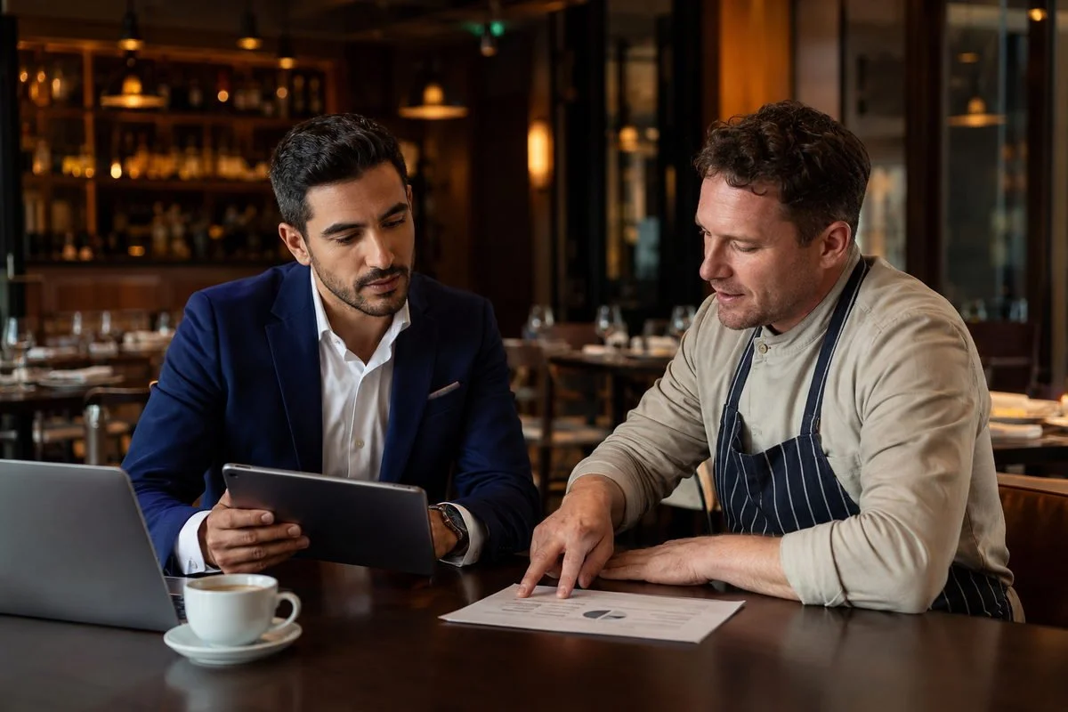 Two men having a discussion at a restaurant table over a tablet and paperwork