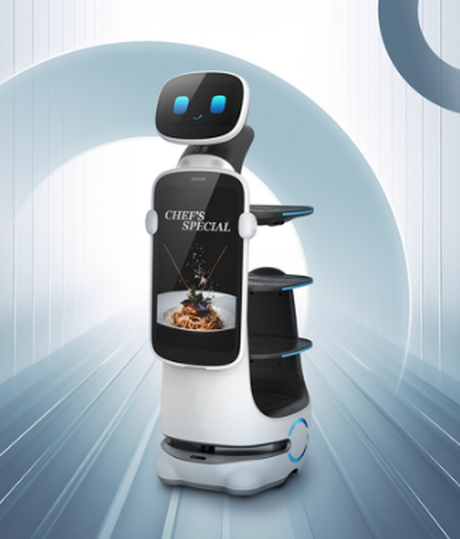 Caddy Robotics Dinnerbot B11 service robot with a large guest-facing screen displaying a Chef's Special dish.
