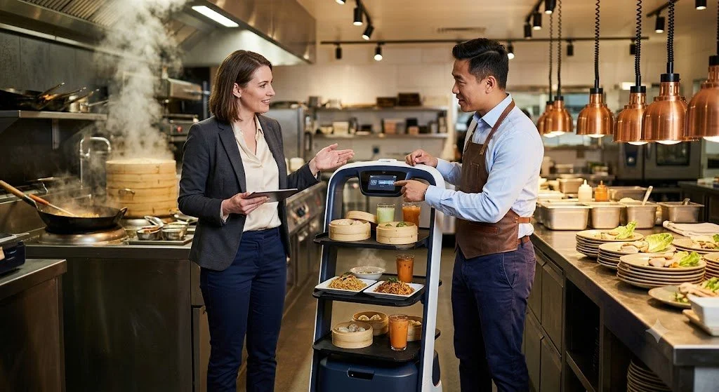 A woman dressed in professional attire and a waitress in an apron are having a conversation in a busy restaurant kitchen, with food and kitchen equipment in the background.