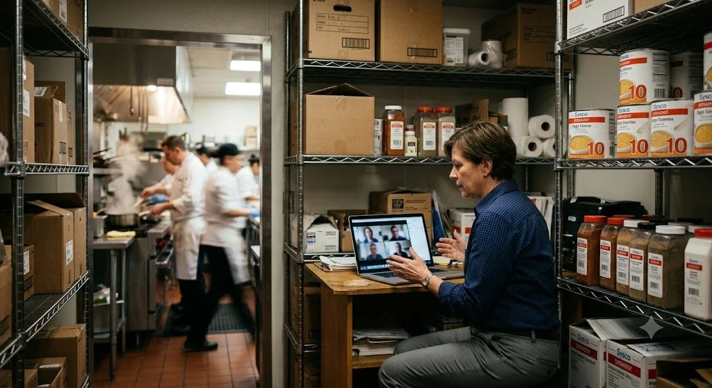 Restaurant manager reviewing costs on a laptop in a stockroom during a video consult
