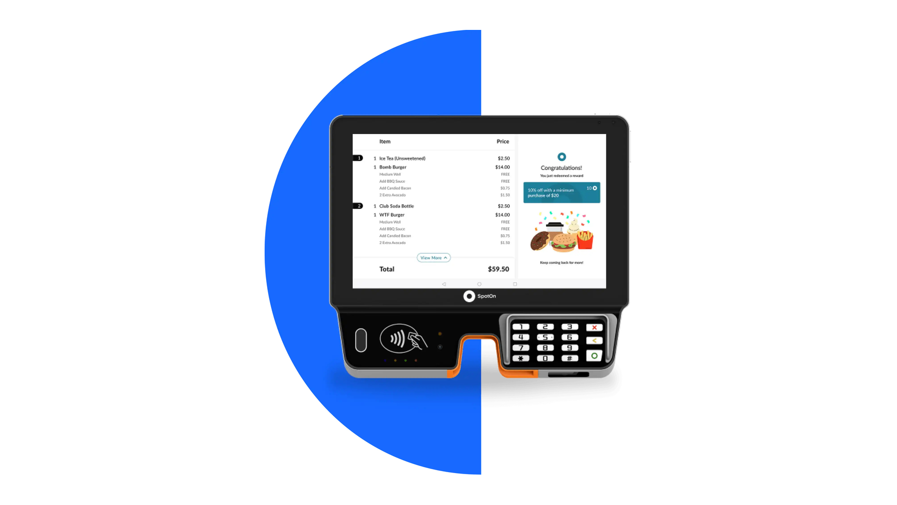 SpotOn handheld payment terminal and countertop display showing an open check total.