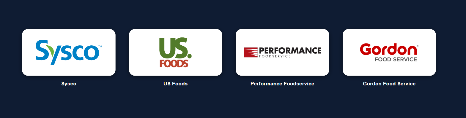 Logos of the four major broadline foodservice distributors compared in this guide: Sysco, US Foods, Performance Foodservice and Gordon Food Service.