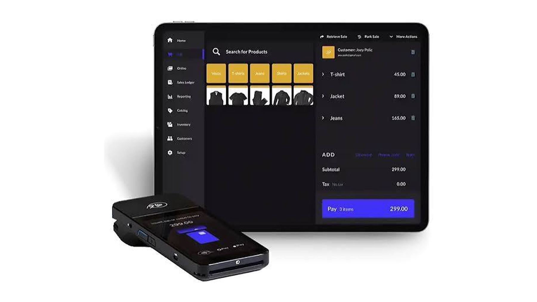 Lightspeed Restaurant POS on a dark tablet interface next to a Lightspeed card reader mid-payment.