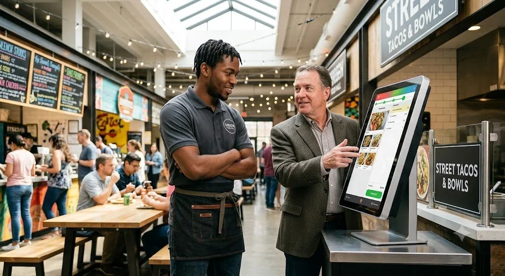 A man in a gray blazer ordering food on a large digital kiosk at a trendy food court; another man in a black shirt with a restaurant logo assisting him. Several people sit at tables and eat in the background.