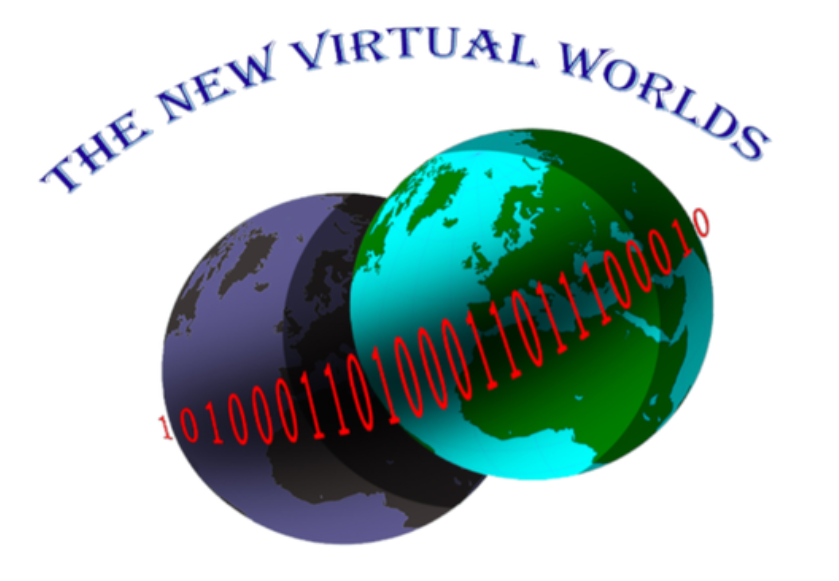 Two digital renditions of Earths, one in black and blue and the other in green and blue, overlapping with red binary code running across them, and the text 'The New Virtual Worlds' arched above.