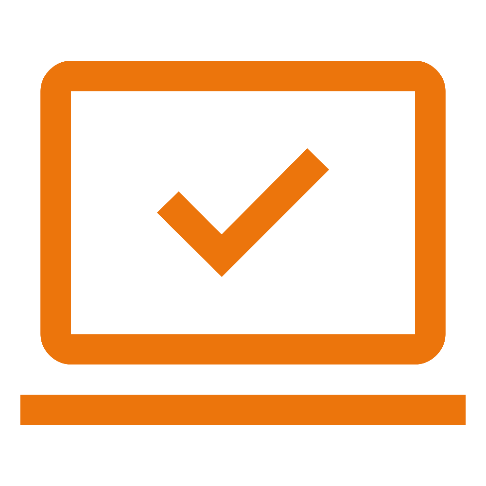 Icon of a computer monitor with a check mark on the screen, in orange and black colors.