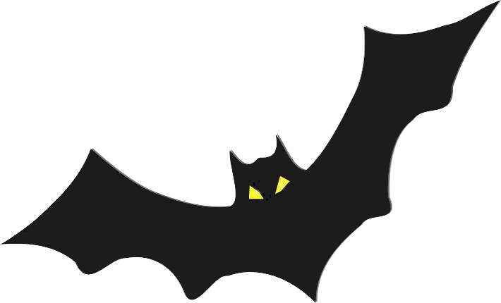 Cartoon illustration of a black bat with spread wings and yellow eyes.