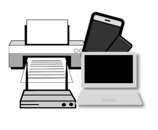 A collection of office or home electronics including a printer, smartphone, laptop, desktop computer, and tablet