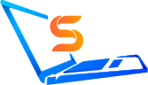 Abstract digital illustration with a blue laptop and orange letter S geometric shape.