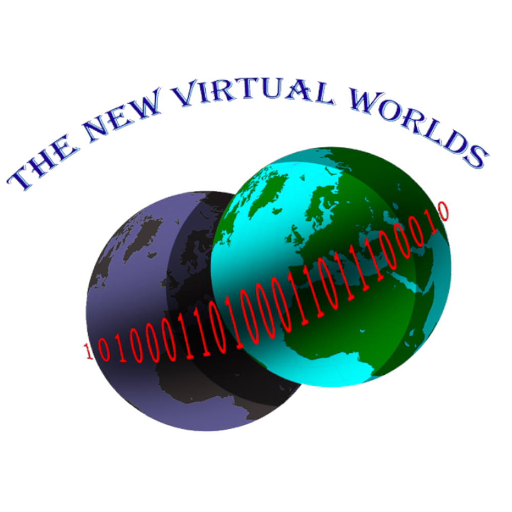 A digital illustration featuring two overlapping globes: one showing Earth's landmasses in green and blue, and the other in darker shades. Red binary code runs across the globes. The text "The New Virtual Worlds" is arched above the globes in blue.