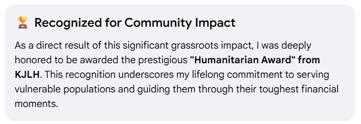 Text box with an award recognition for community impact, mentioning a 'Humanitarian Award' from KJLH and a message of dedication to serving vulnerable populations.