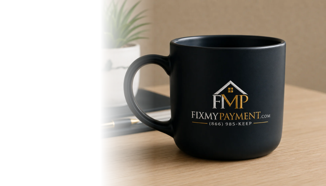 Black coffee mug with the FixMyPayment.com logo, sitting on a wooden table near a window with a plant in the background.