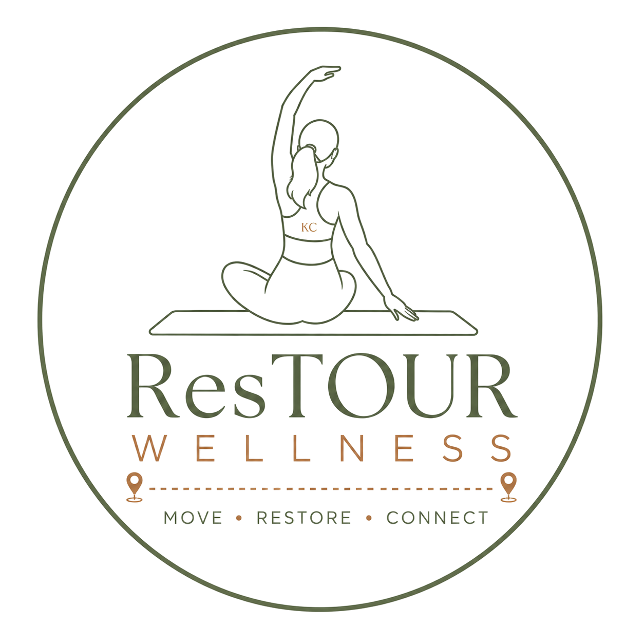 Logo for Restour Wellness featuring a person practicing yoga or meditation indoors, surrounded by a circular design, with the words 'Home', 'Restore', and 'Connect' at the bottom.
