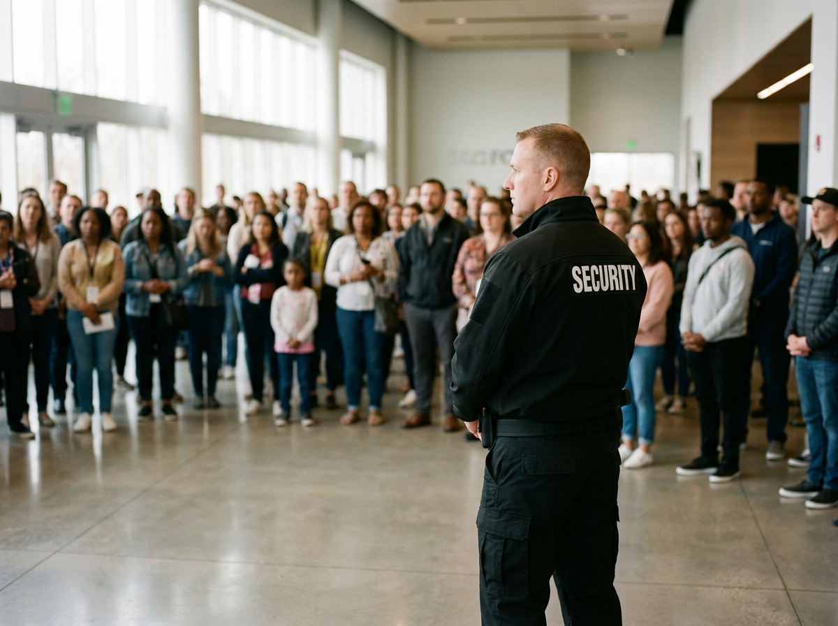 A security guard standing with his back to the camera, facing a large group of people in a spacious indoor area with large windows and modern design.