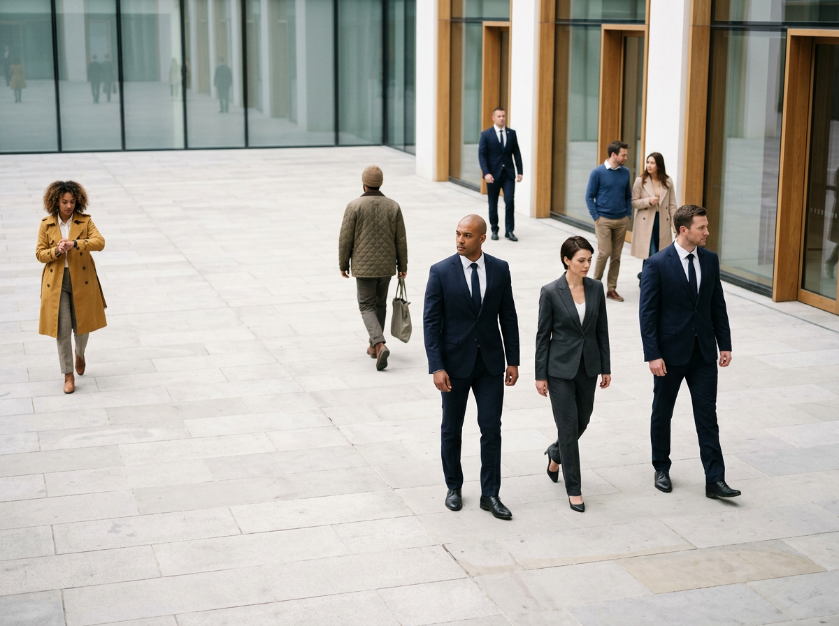 A group of business professionals walking outside a modern office building with large glass windows and wooden accents.