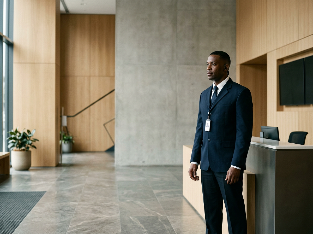A man in a dark blue suit and tie standing in a modern office lobby with wood and concrete walls, potted plants, and a reception desk.
