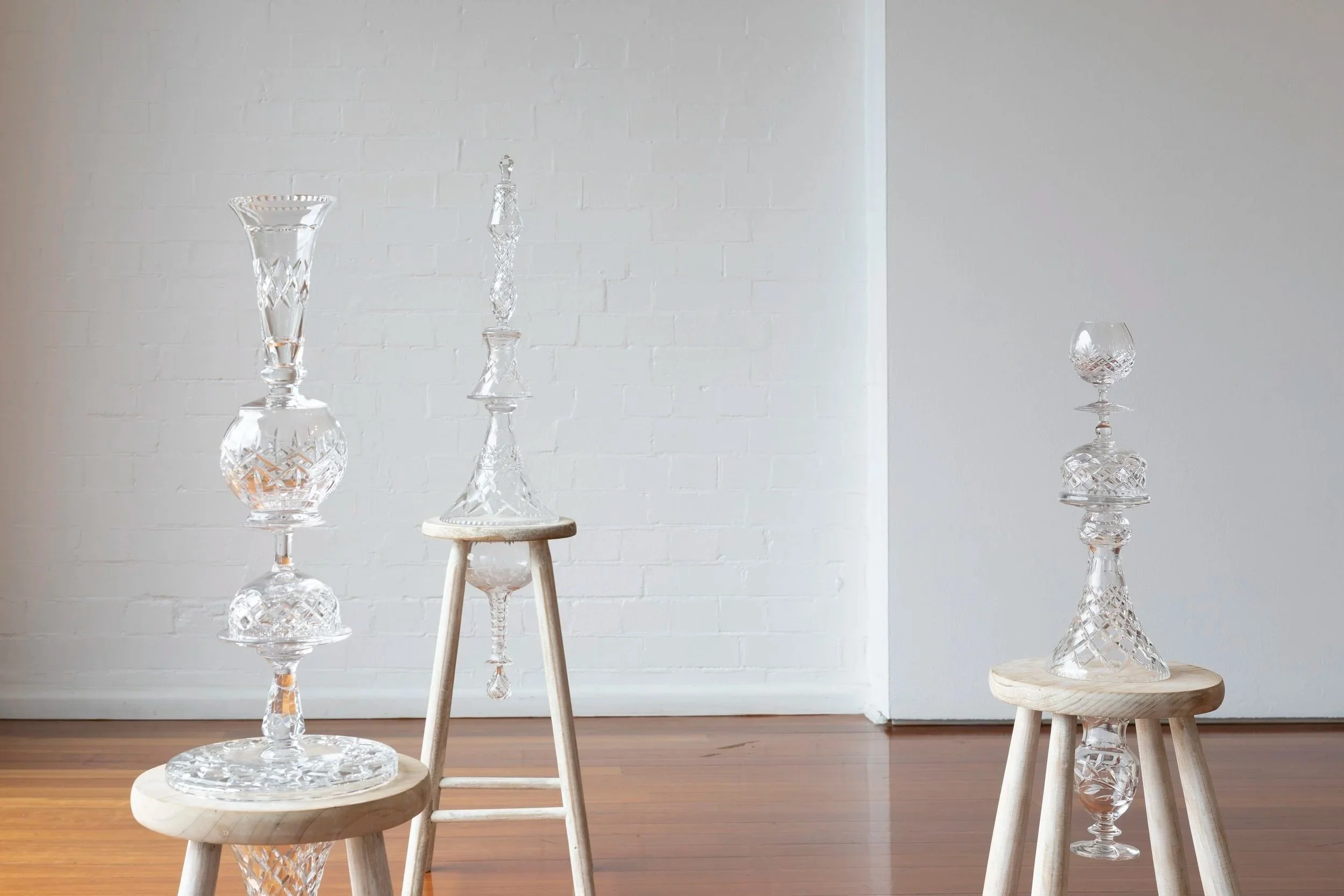 Time Machine 1, 2 & 3, 2023, glass (crystal), wood, stainless steel, 940x450x450mm. Photographer: Jessica Maurer