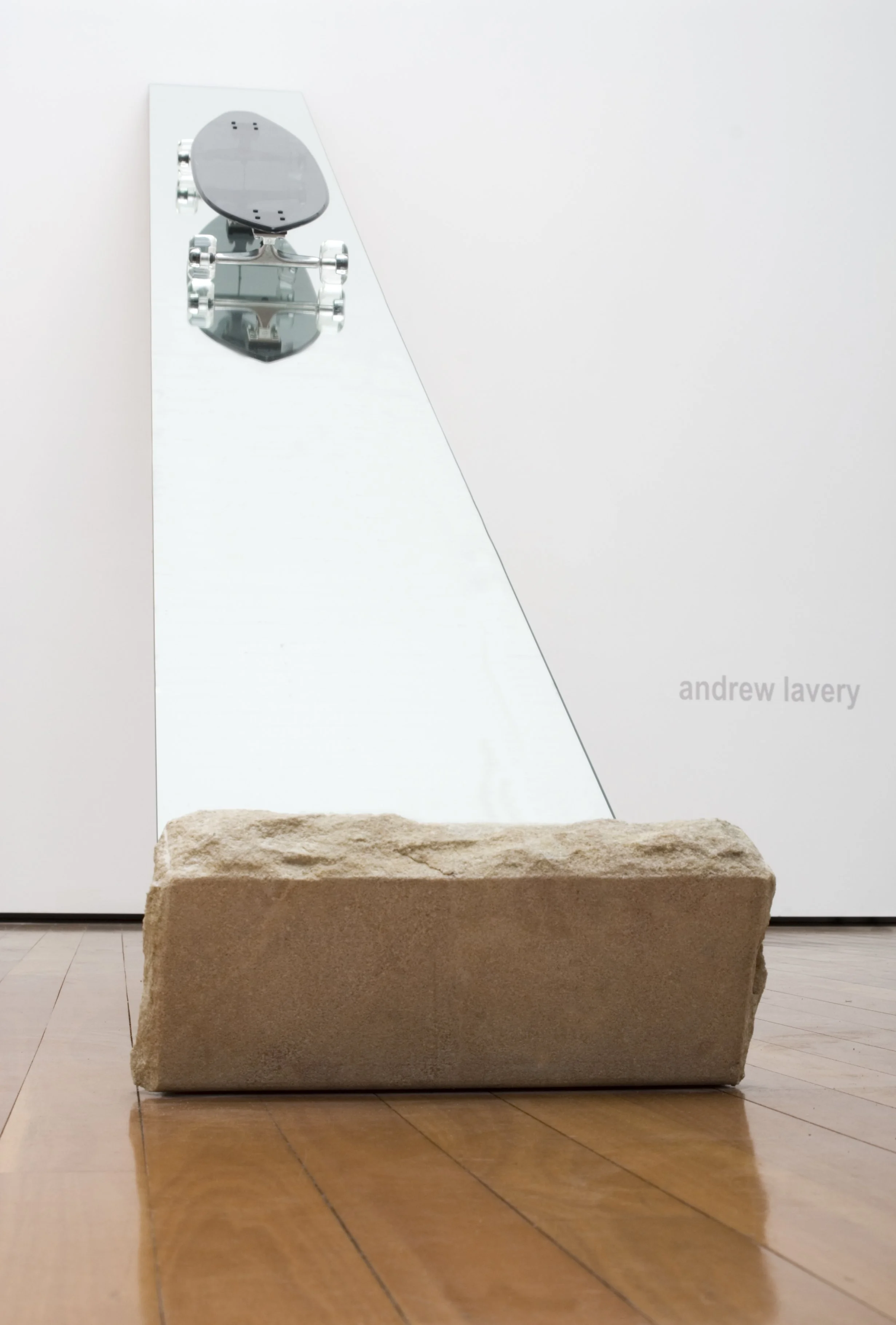 Downhill Accessory, 2009, plywood, sandstone, kiln and hot formed glass, mirror, skateboard trucks and bearings, 4500x420x240mm. Photographer: Greg Piper