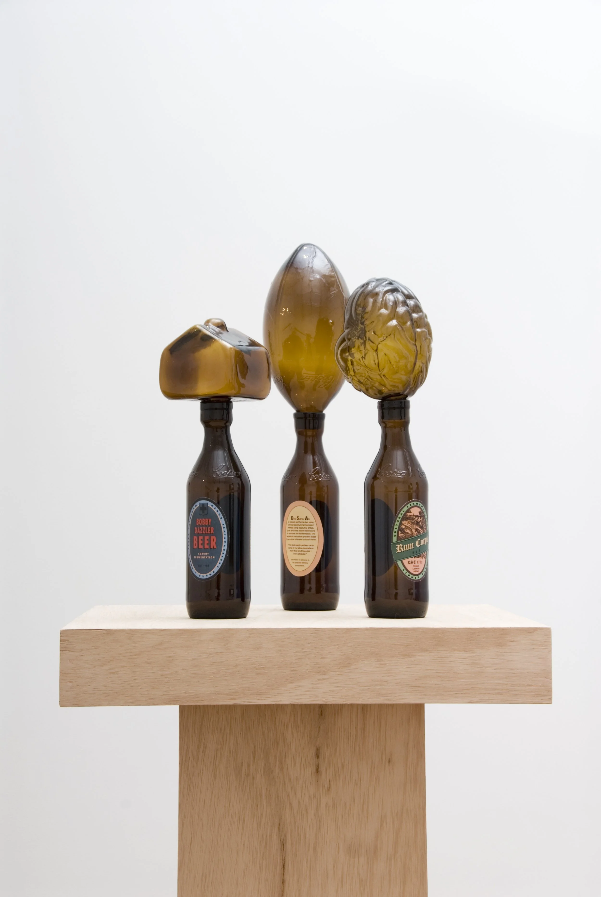Gathering of the Kingbrowns, 2009, hot formed and moulded recycled glass, adhesive labels, 450x450x550mm. Photographer: Greg Piper  