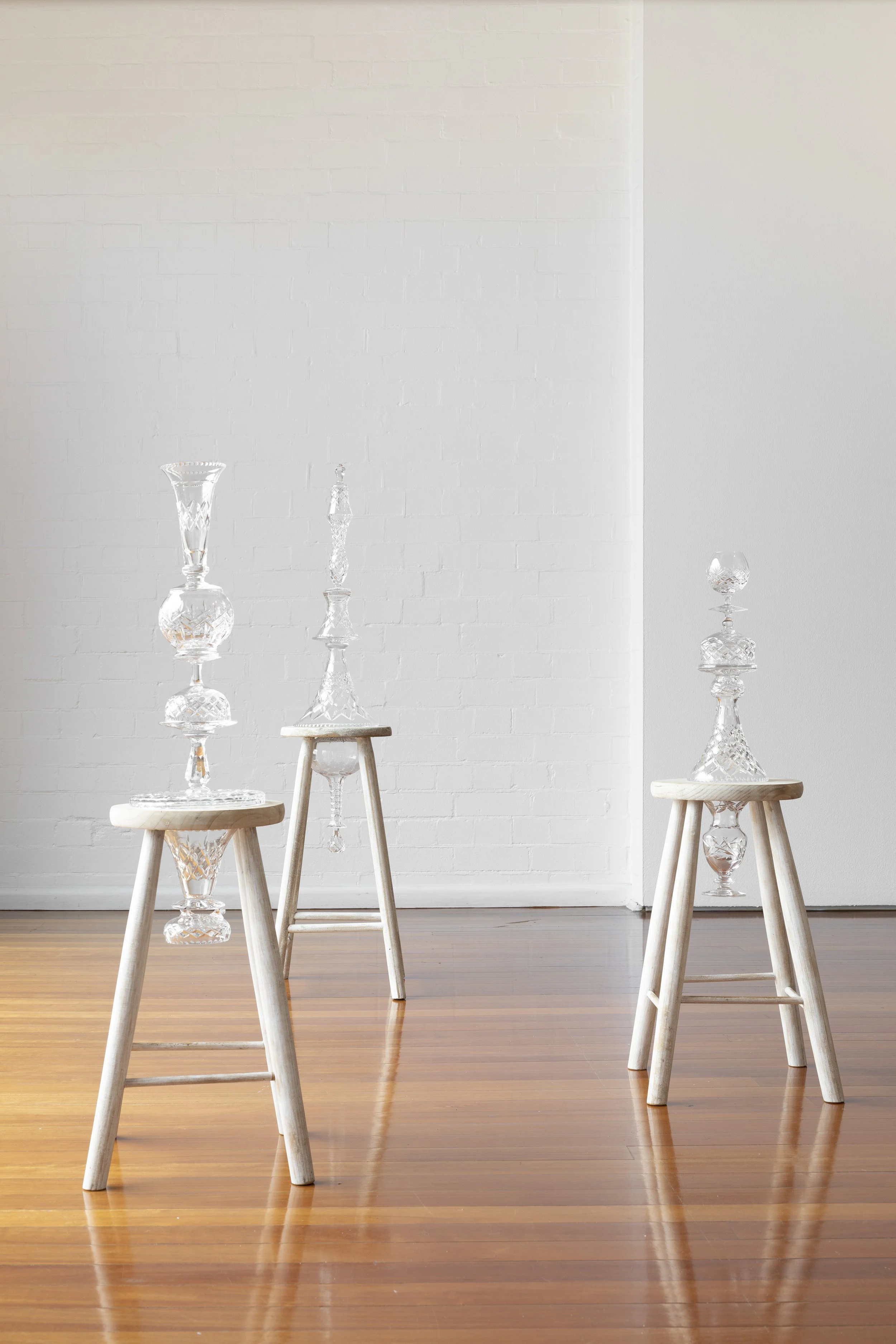 Time Machine 1, 2 & 3, 2023, glass (crystal), wood, stainless steel, 940x450x450mm. Photographer: Jessica Maurer