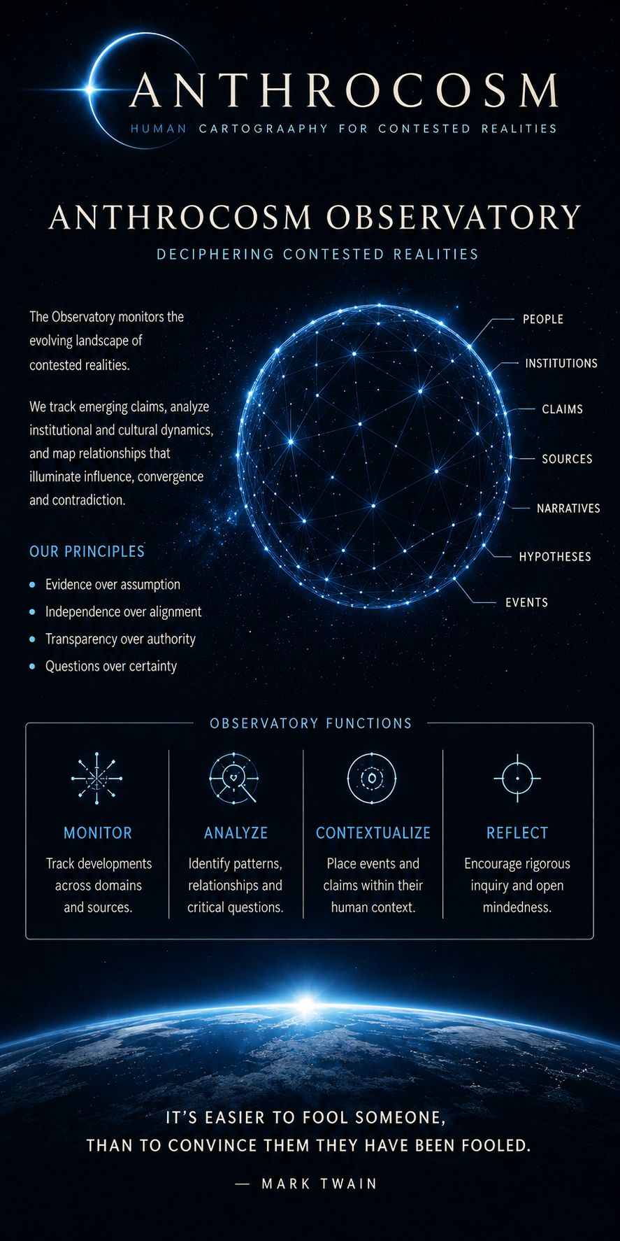 An infographic about the Anthrocosm Observatory, showing a digital globe and celestial background. It explains the observatory's purpose of monitoring evolving contested realities, analyzing claims, and mapping relationships between people, institutions, claims, sources, narratives, hypotheses, and events. Principles include evidence, independence, transparency, and questioning certainty. It details observational functions: monitor, analyze, contextualize, and reflect, for tracking developments, identifying patterns, placing events in context, and encouraging inquiry. A quote by Mark Twain emphasizes the difficulty of deception.