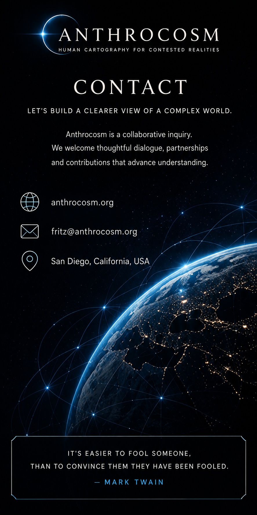 Poster for Anthrocosm, featuring a space theme with Earth and digital network lines, contact info, and a quote by Mark Twain about fooling others.