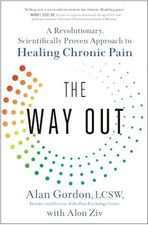 Book cover titled 'The Way Out: A Revolutionary, Scientifically Proven Approach to Healing Chronic Pain' by Alan Gordon, LCSW, with Alon Ziv. The cover features a white background with colorful dotted circular patterns.