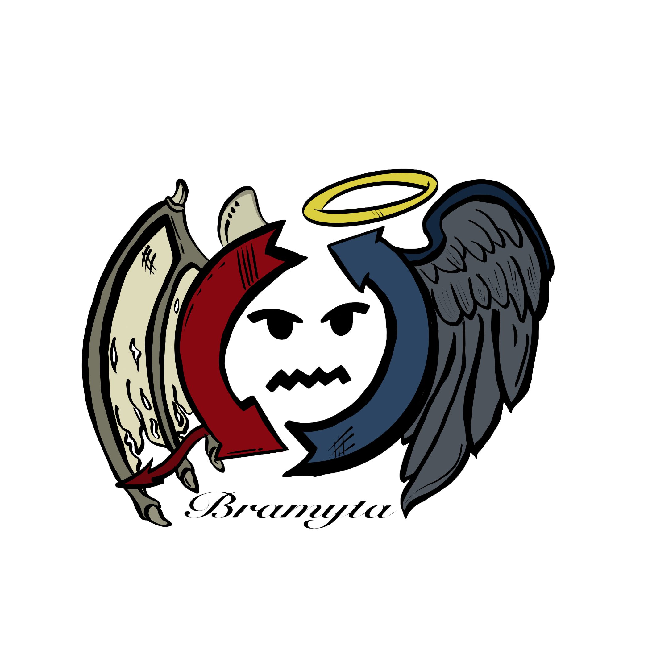An illustration of a human skull with angel wings, a halo, and a red arrow pointing downward. The skull has a mischievous expression with a tongue sticking out. The word "Brayta" is written underneath in cursive.