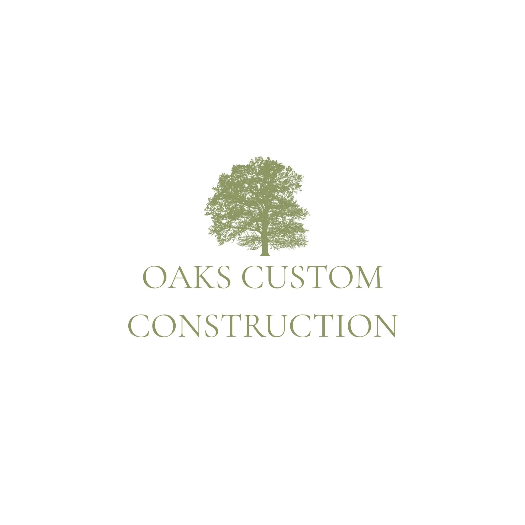 A logo with a green tree and the text 'Oaks Custom Construction'.