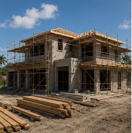 Two-story house under construction with wooden scaffolding, concrete walls, and piles of lumber on the ground, under a partly cloudy sky.