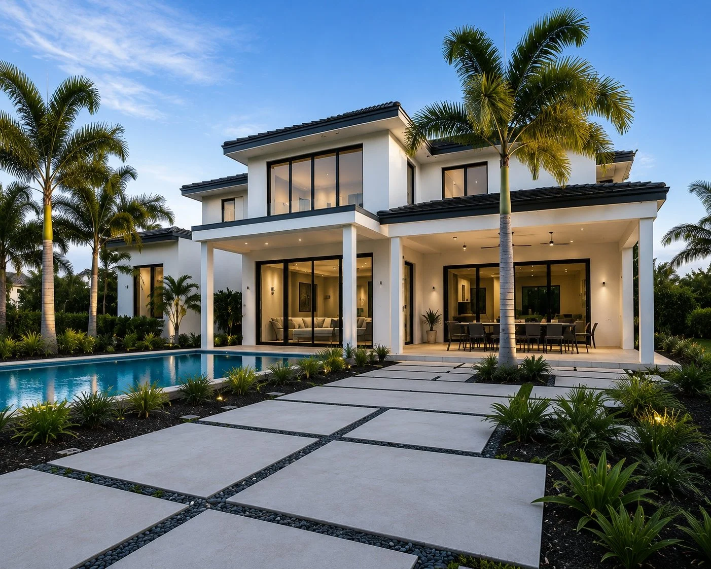 Modern two-story house with white exterior walls, large glass windows, surrounded by palm trees, with a swimming pool, outdoor seating area, and a tiled pathway in a tropical setting during evening.