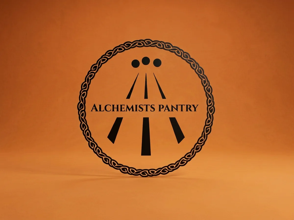 Logo of Alchemists Pantry with a circular, braided border, and abstract graphics resembling a board game or magical symbols, on an orange background.